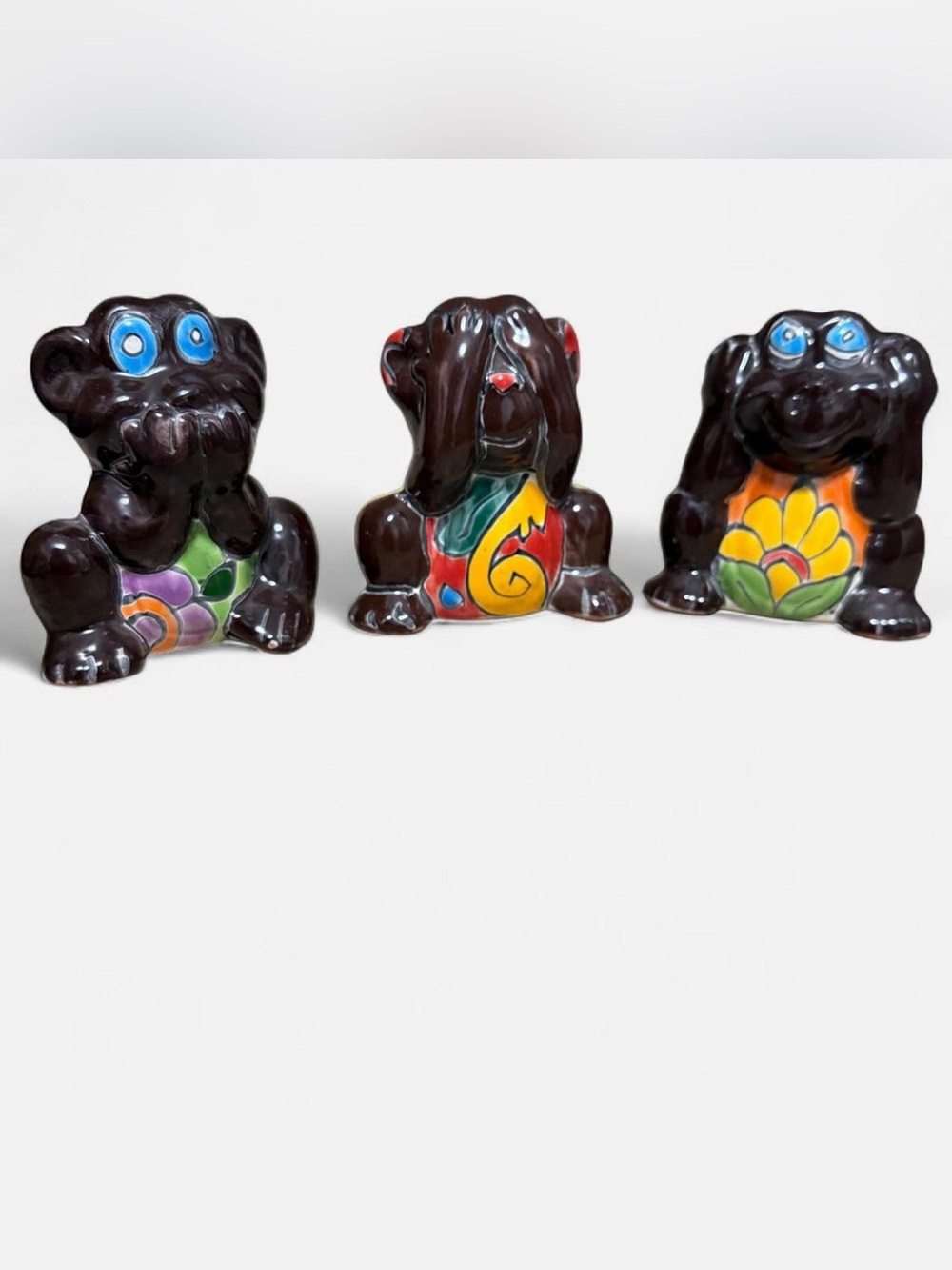 RARE Talavera 3 Wise Monkey Mexican Folk Art Signed Nieves Mexico